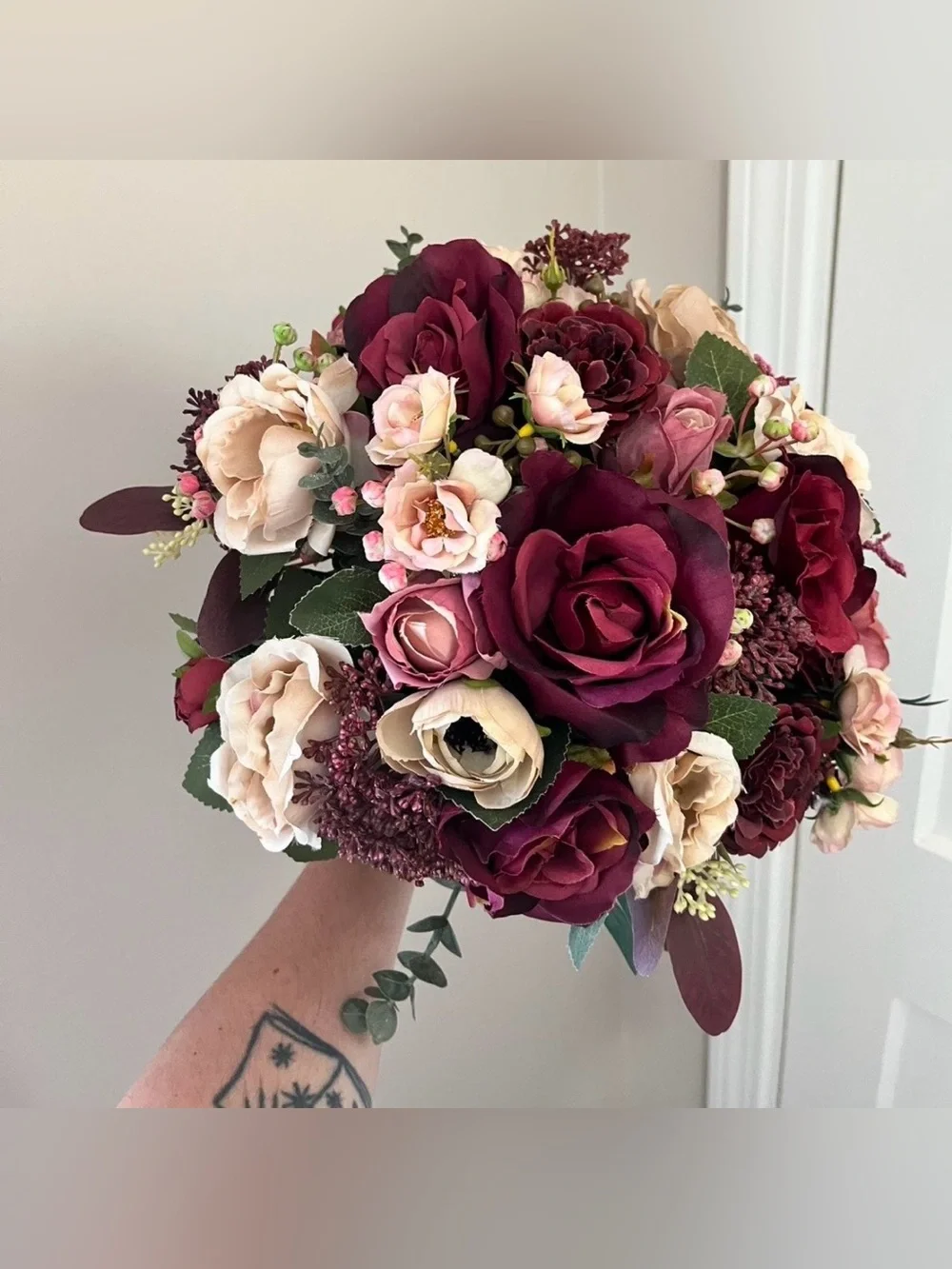 6 Burgundy and Blush Artificial Rose Bouquets - 5 Bridesmaid 1 Bride